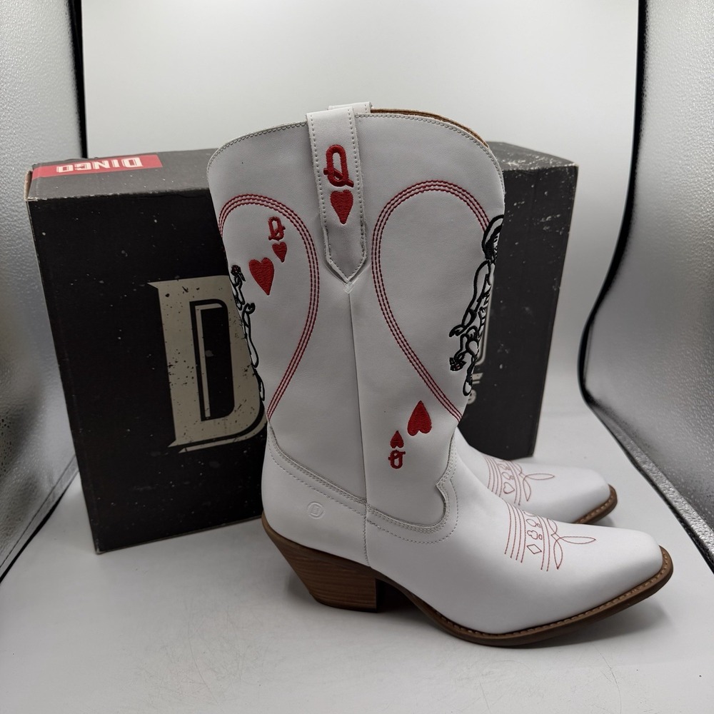Dingo Queen A Hearts Boots Women Sz 11 M White Leather Cowgirl Western DI174-WHT